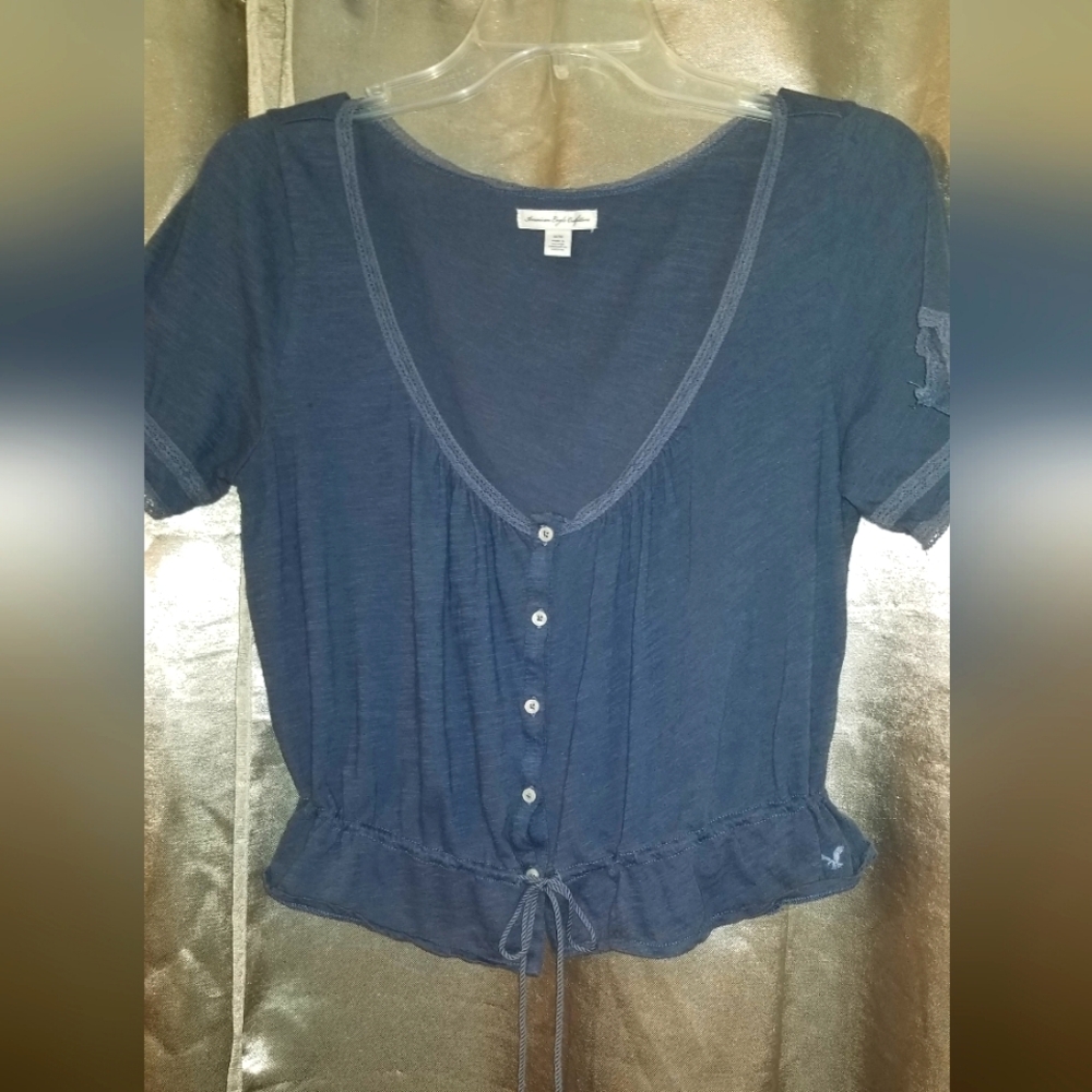 American Eagle Outfitters Blue Buttoned Tie Front Blouse
